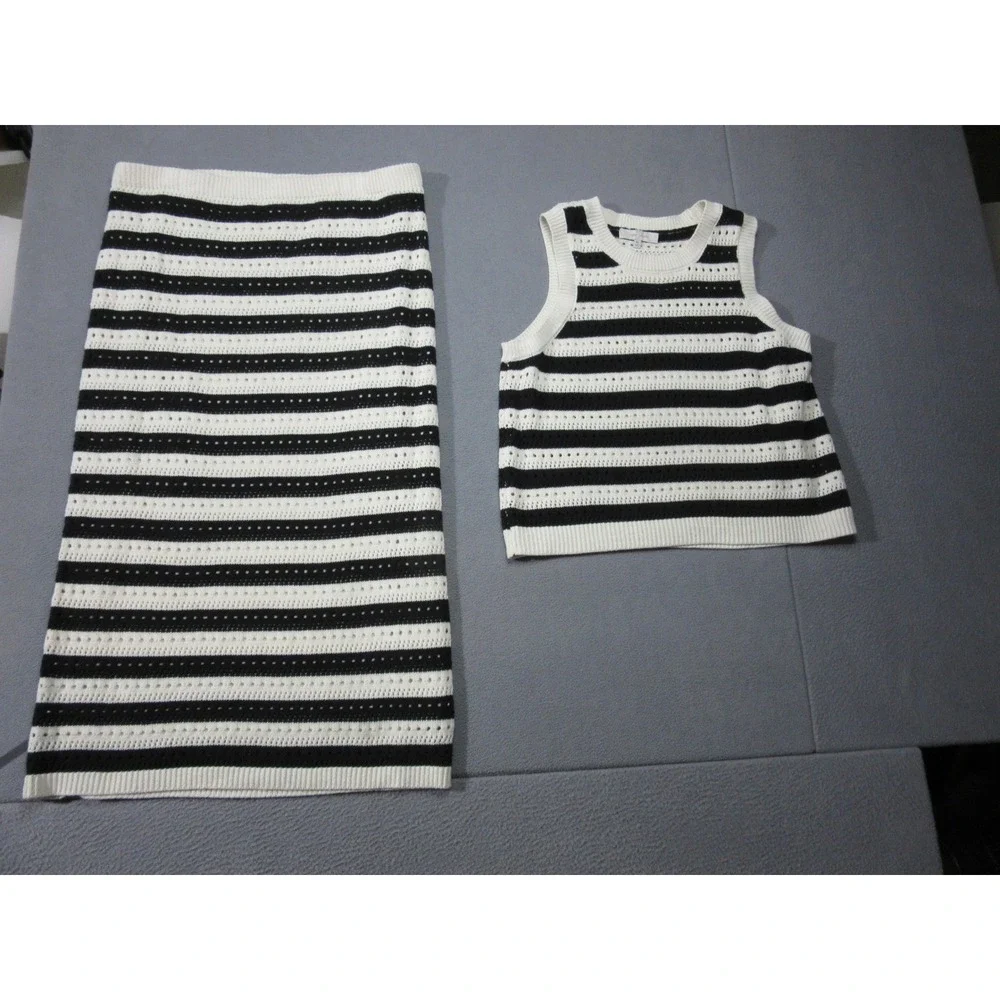 Casa Cabana Knit Set Women XL White Black Striped Vest Midi Skirt Ribbed Retro